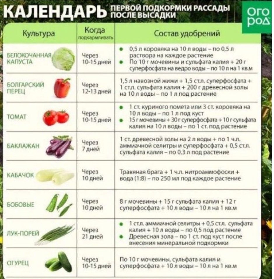 Схема подкормок овощных культур таблица